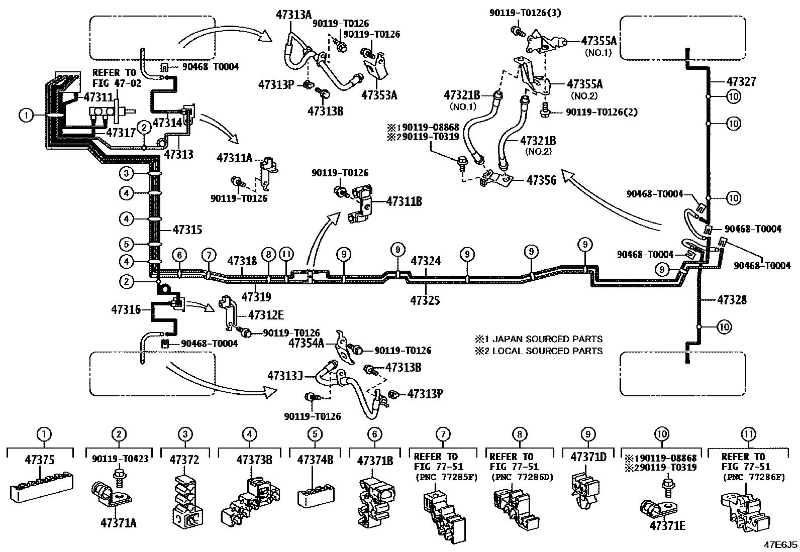 Toyota HILUX 制动配管和卡箍 EPC diagram — 47E6J5