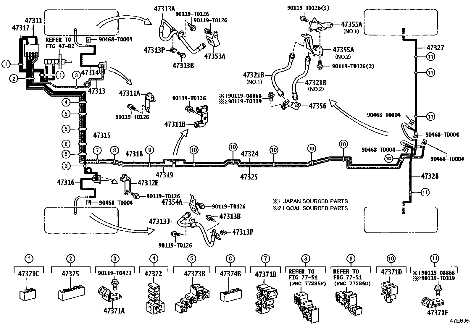 Toyota HILUX 制动配管和卡箍 EPC diagram — 47E6J6