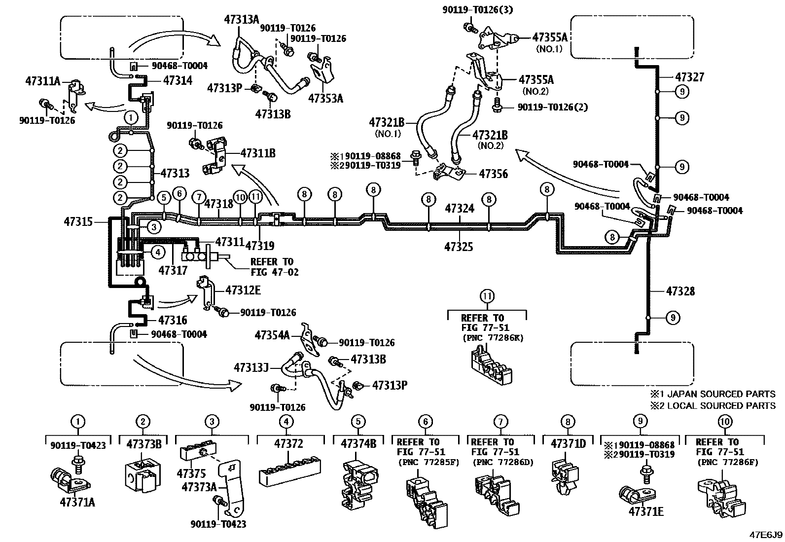 Toyota HILUX 制动配管和卡箍 EPC diagram — 47E6J9