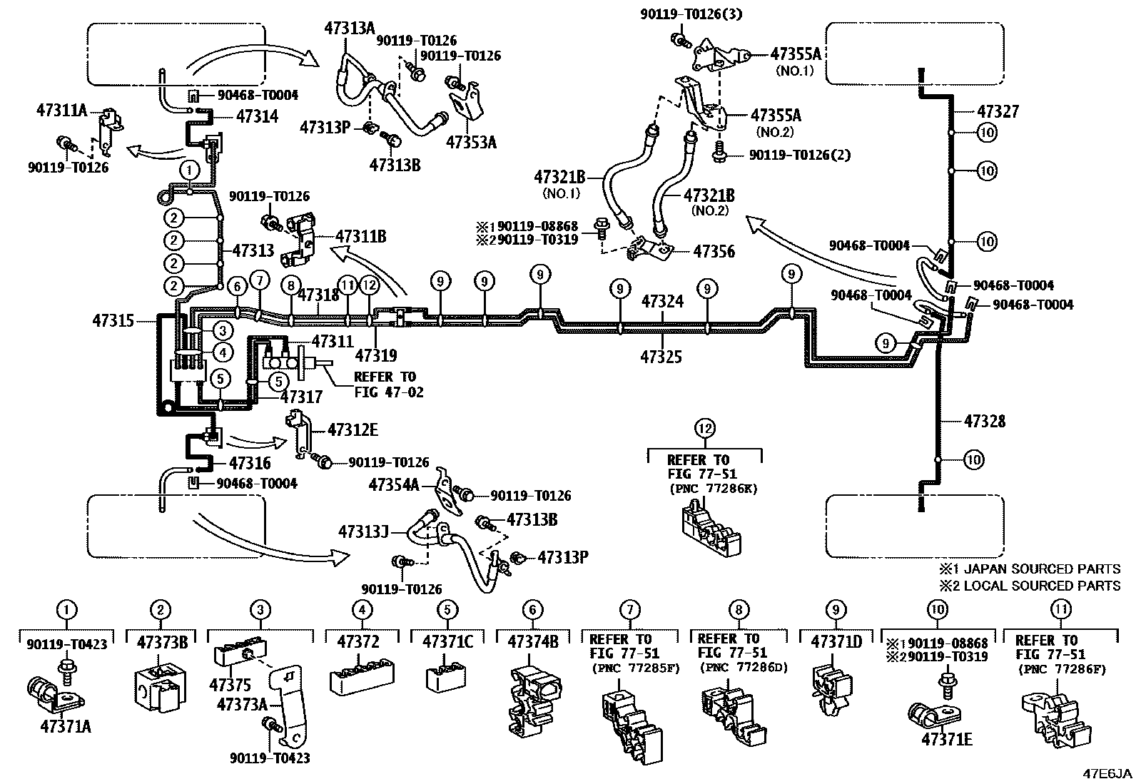 Toyota HILUX 制动配管和卡箍 EPC diagram — 47E6JA