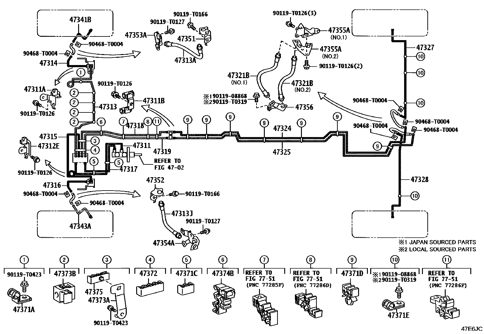 Toyota HILUX 制动配管和卡箍 EPC diagram — 47E6JC