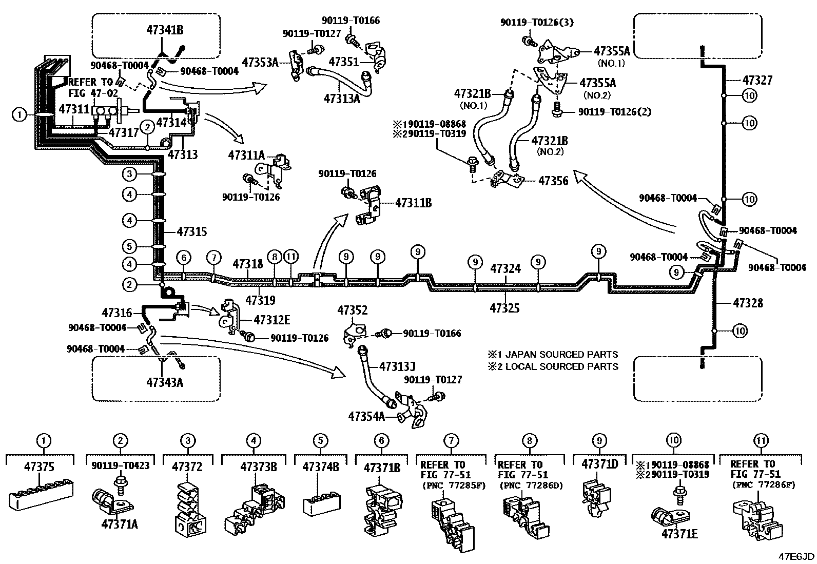 Toyota HILUX 制动配管和卡箍 EPC diagram — 47E6JD