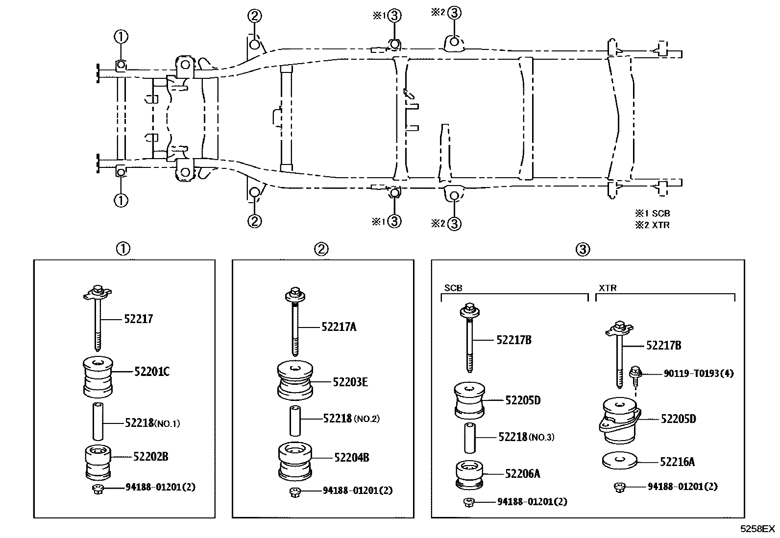 Toyota HILUX 驾驶室悬置和车身悬置 EPC diagram — 5258EX