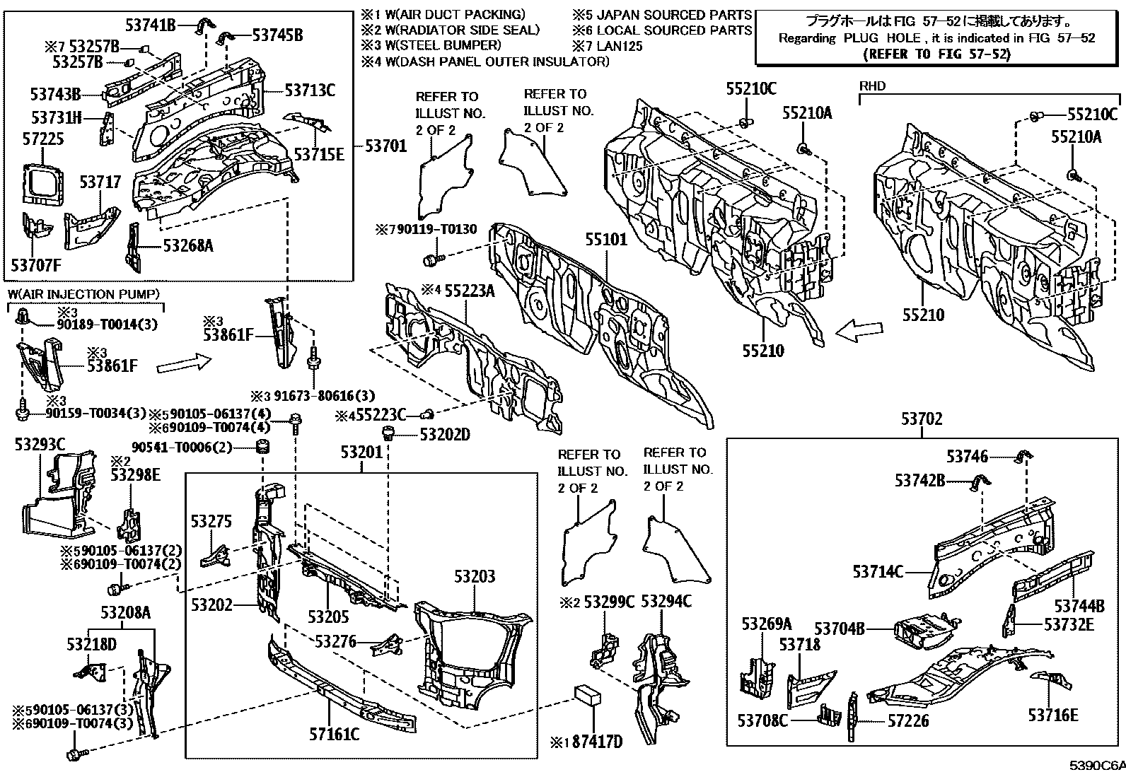 Toyota HILUX 前翼子板挡泥板和前围板 EPC diagram — 5390C6A