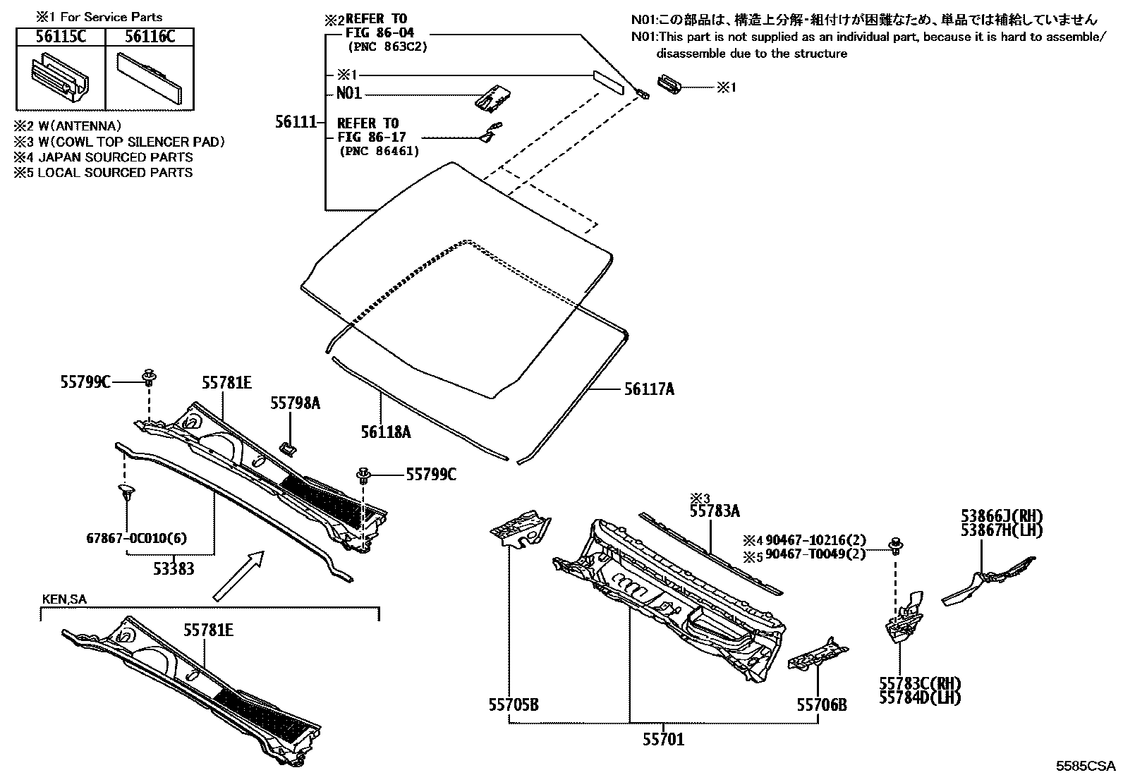 Toyota HILUX 前围板和挡风玻璃 EPC diagram — 5585CSA