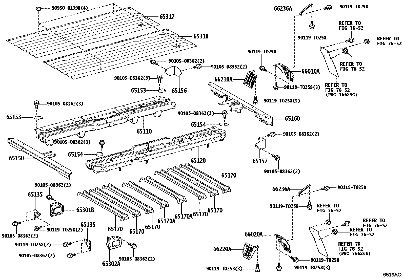 Toyota HILUX 后车身地板和翼子板 EPC diagram — 6516AO
