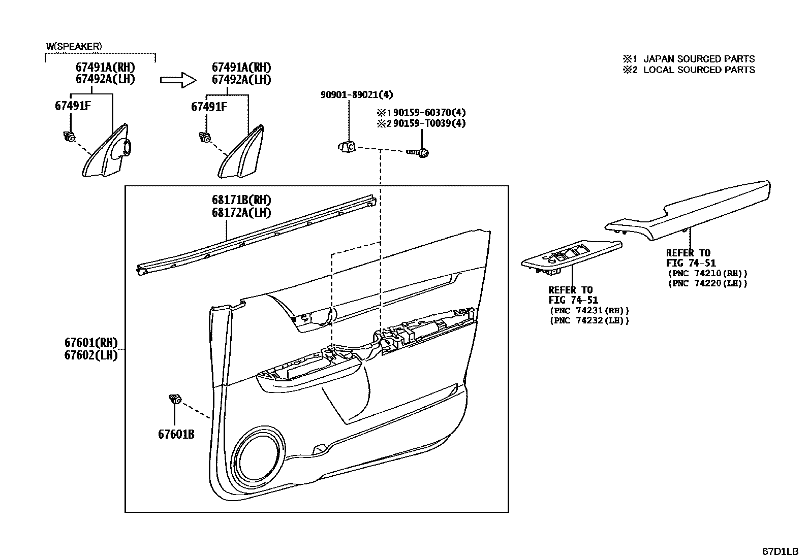 Toyota HILUX 前门板和前门玻璃 EPC diagram — 67D1LB