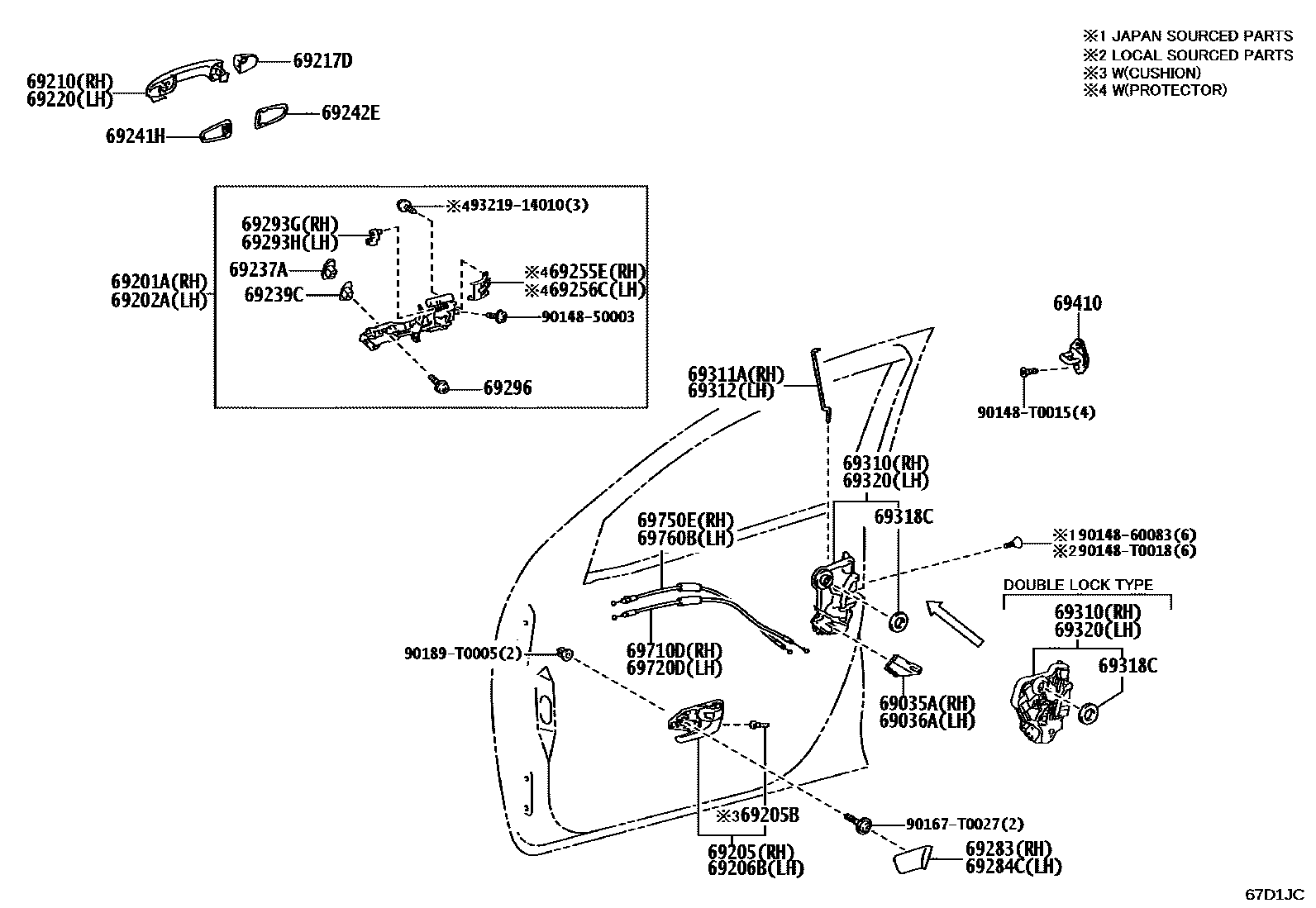 Toyota HILUX 前门锁和车门把手 EPC diagram — 67D1JC