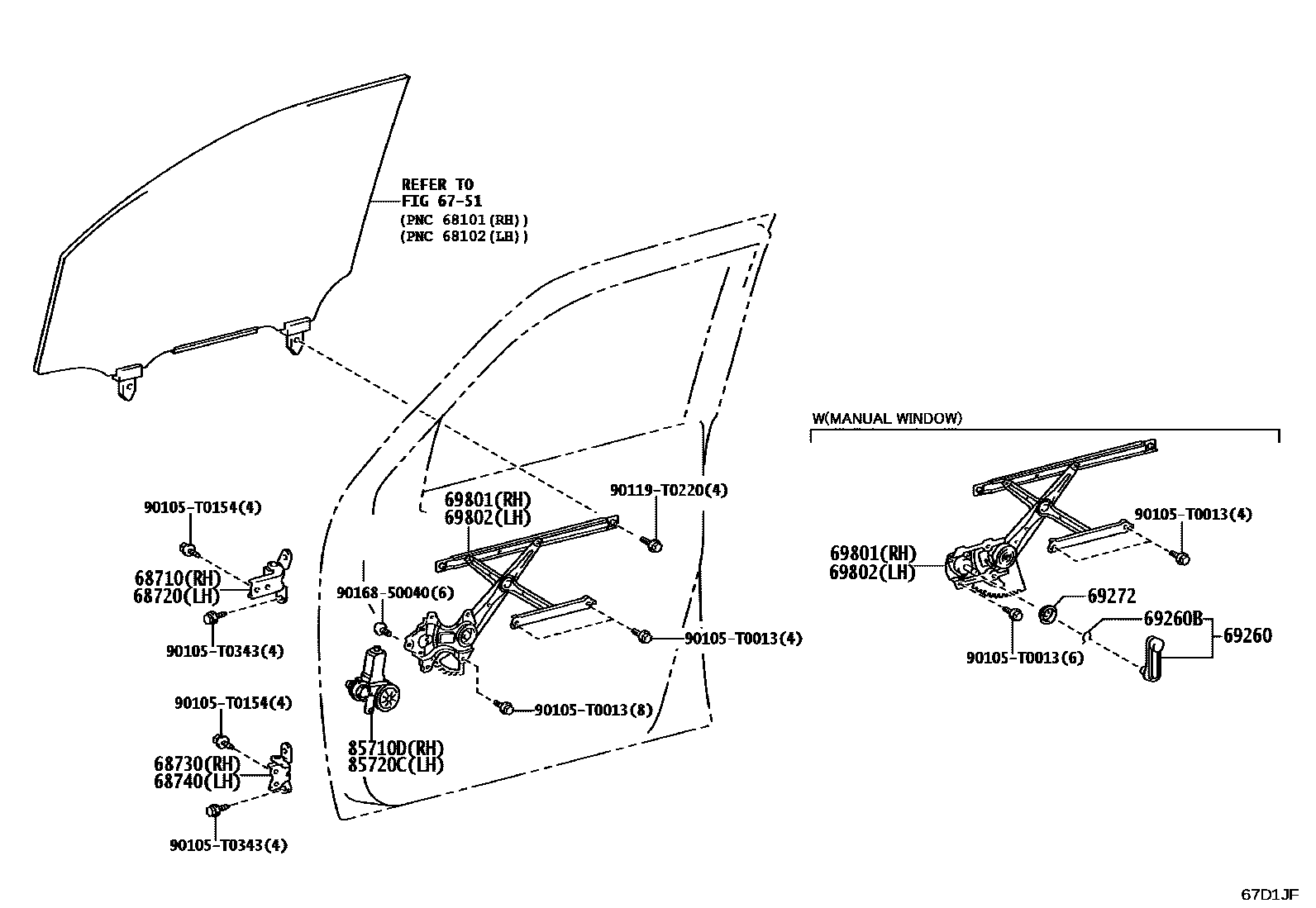 Toyota HILUX 前门车窗升降器和合页 EPC diagram — 67D1JF