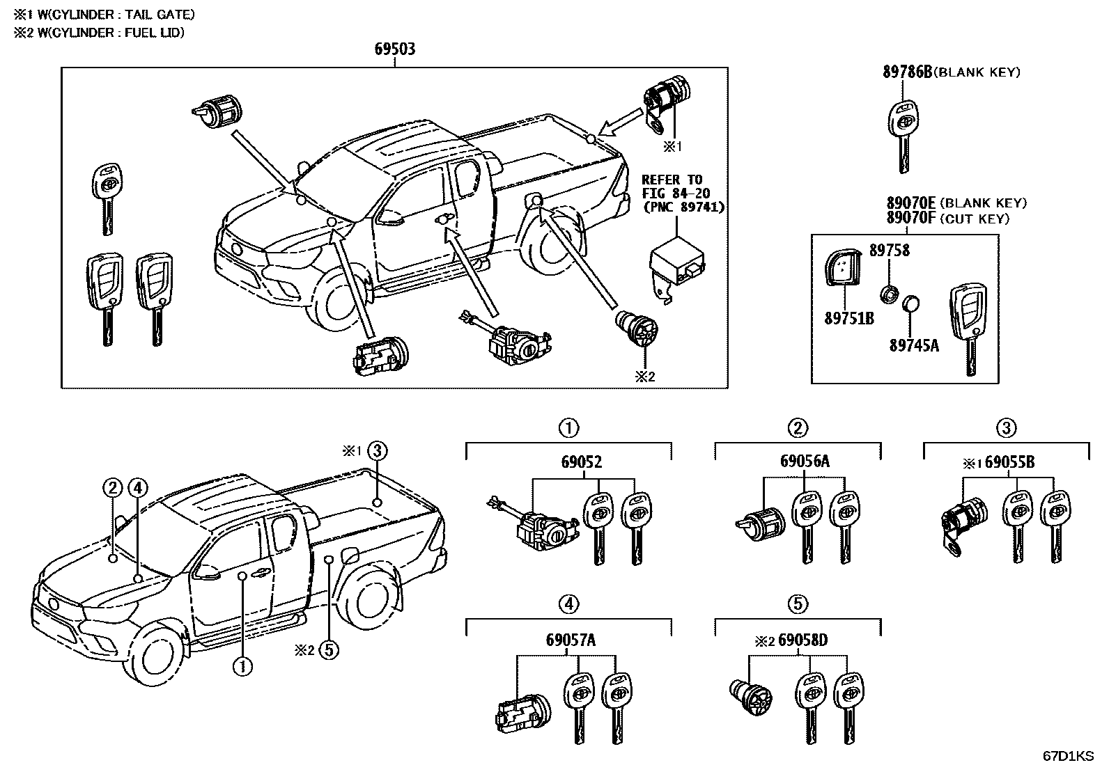 Toyota HILUX 锁芯组件 EPC diagram — 67D1KS