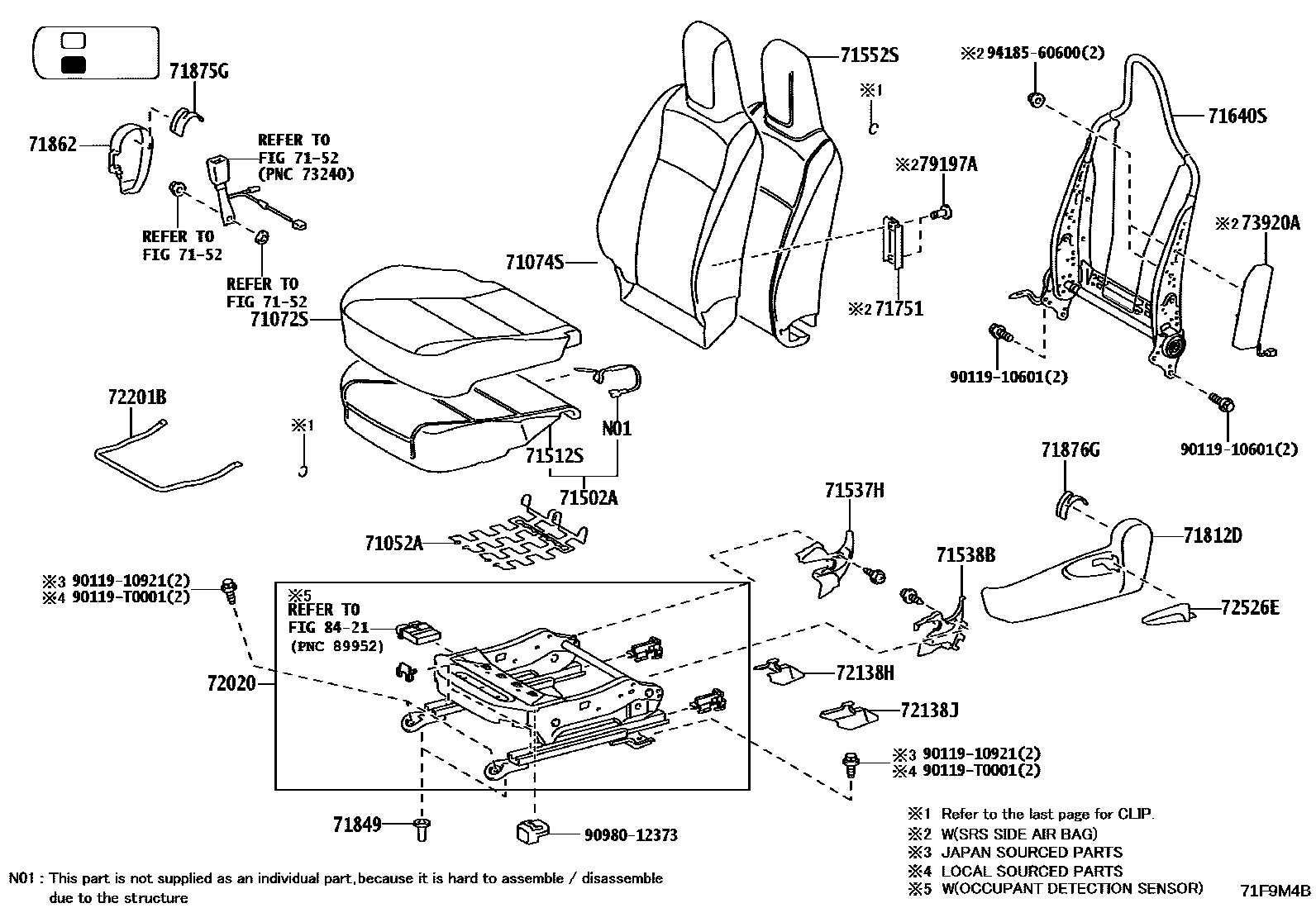Toyota HILUX 座椅和座椅滑轨 EPC diagram — 71F9M4B