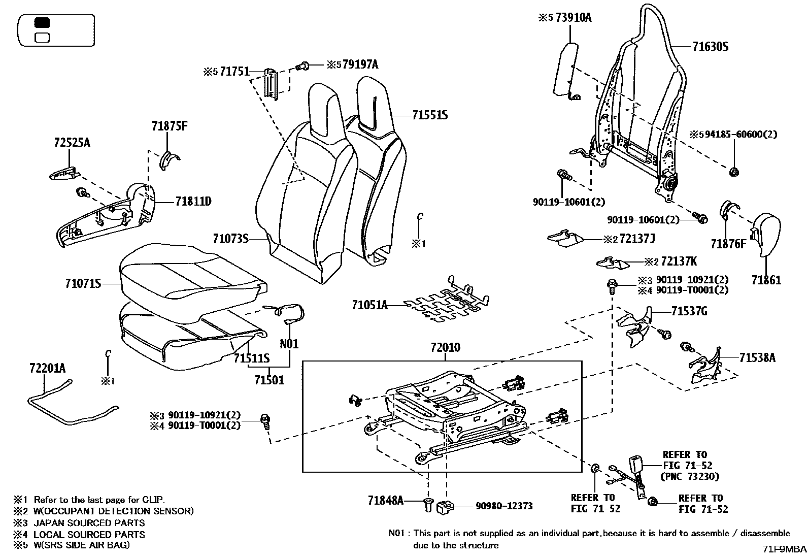 Toyota HILUX 座椅和座椅滑轨 EPC diagram — 71F9MBA