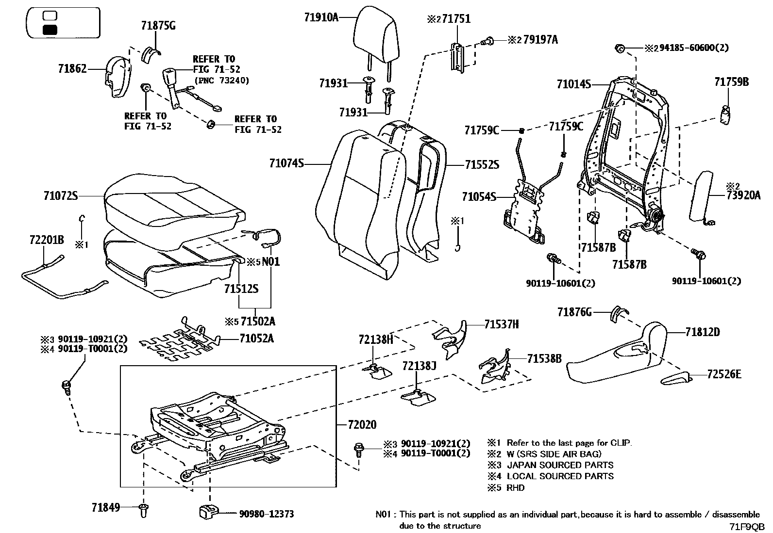 Toyota HILUX 座椅和座椅滑轨 EPC diagram — 71F9QB