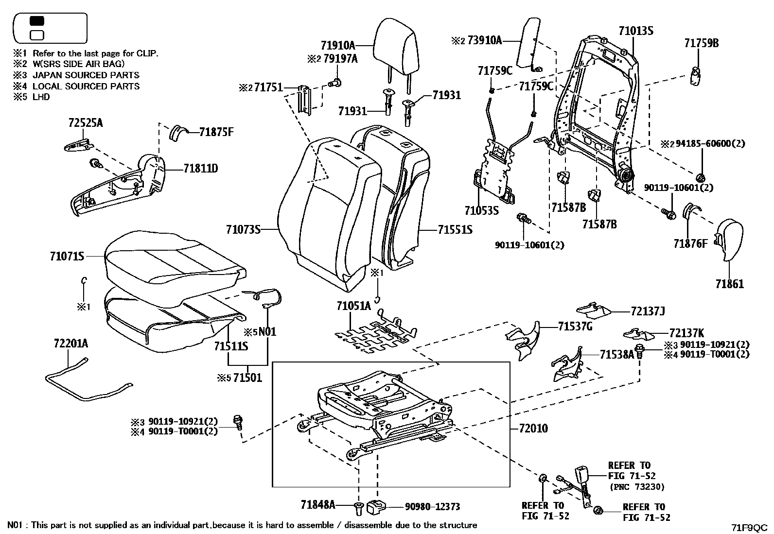 Toyota HILUX 座椅和座椅滑轨 EPC diagram — 71F9QC