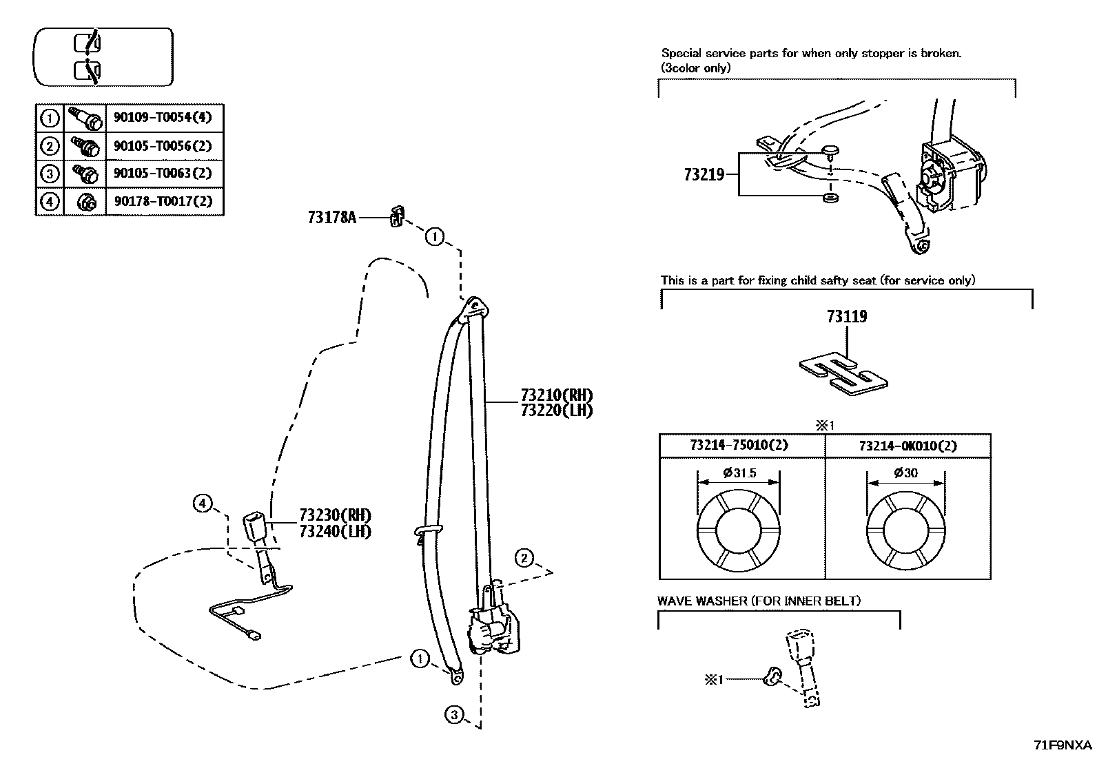 Toyota HILUX seat belt EPC diagram — 71F9NXA