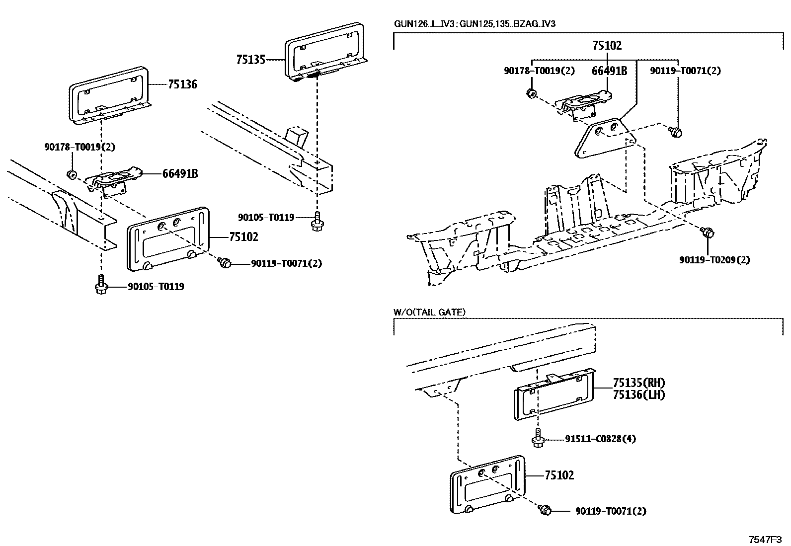 Toyota HILUX 工具箱和牌照支架 EPC diagram — 7547F3