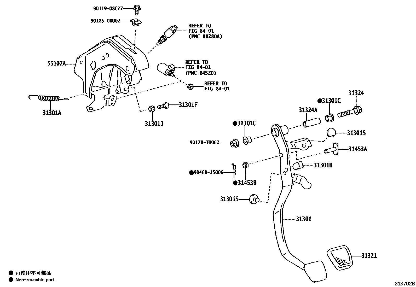 Toyota HILUX 离合器踏板和挠性软管 EPC diagram — 313702B