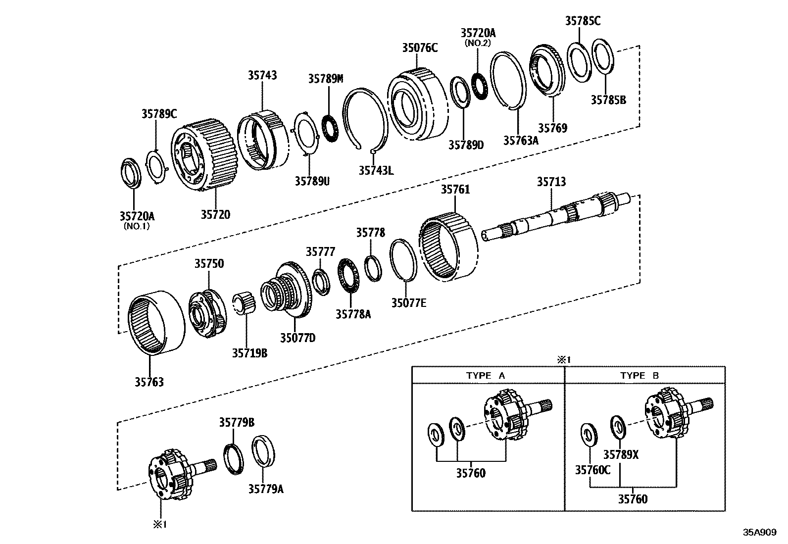 Toyota HILUX 行星齿轮、倒档活塞和中间轴齿轮(ATM) EPC diagram — 35A909