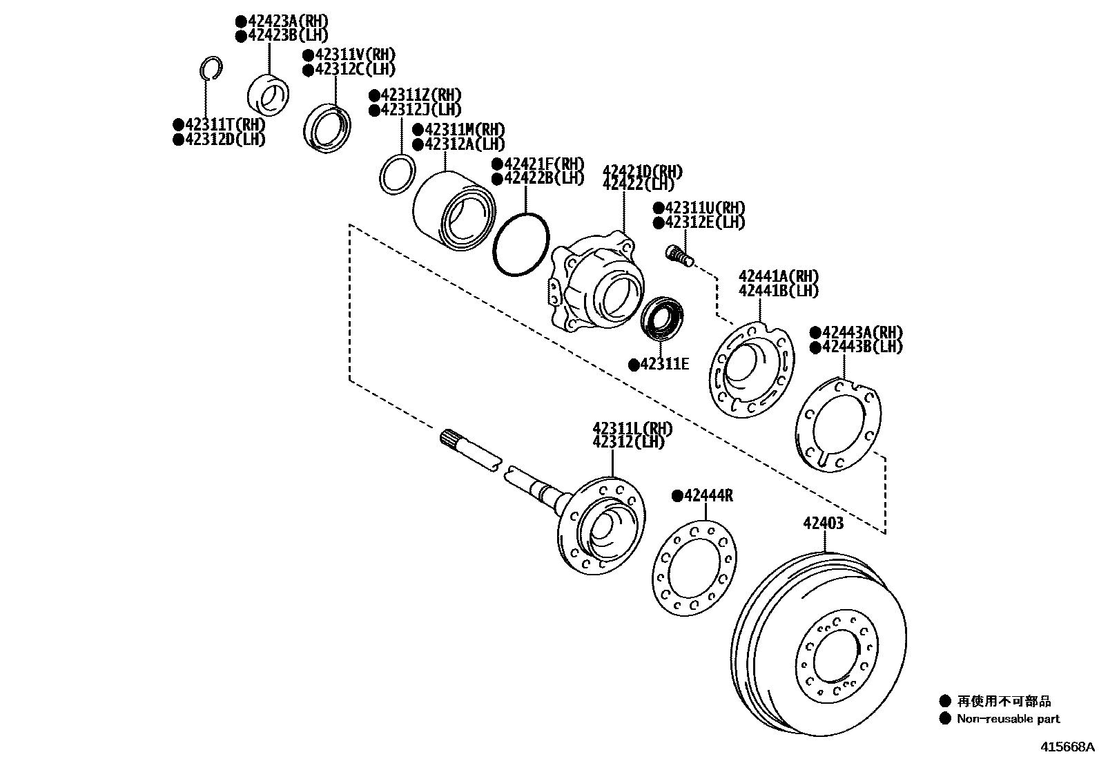 Toyota HILUX 后桥半轴和后桥轮毂 EPC diagram — 415668A