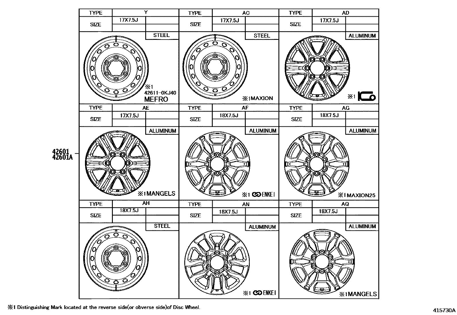 Toyota HILUX 车轮和车轮盖 EPC diagram — 415730A