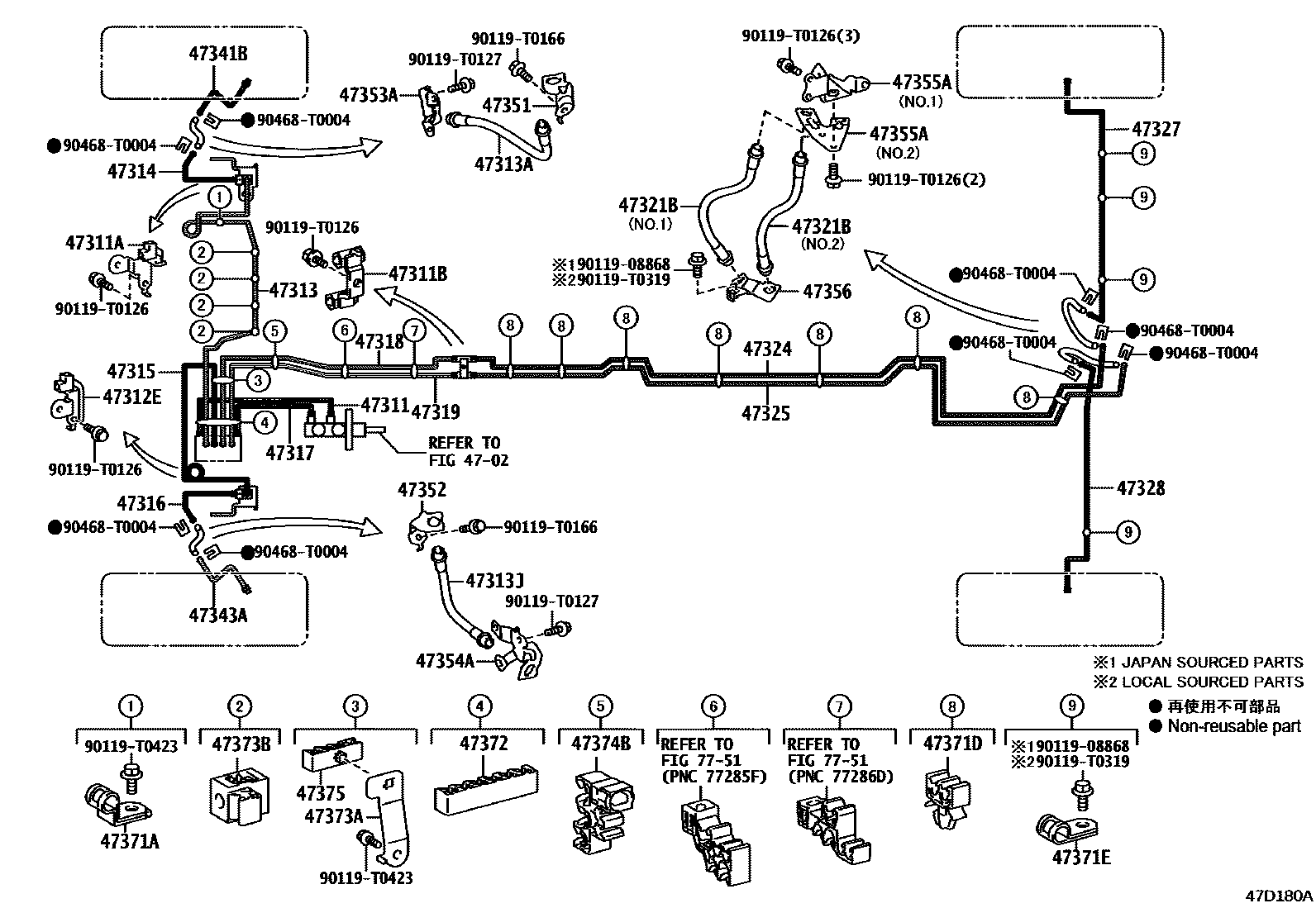 Toyota HILUX 制动配管和卡箍 EPC diagram — 47D180A