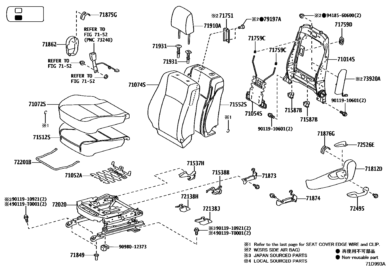 Toyota HILUX 座椅和座椅滑轨 EPC diagram — 71D993A
