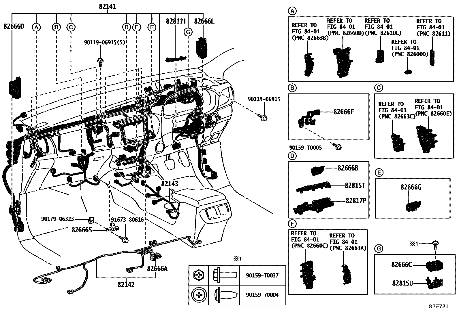 Toyota HILUX 线束和卡夹 EPC diagram — 82E721
