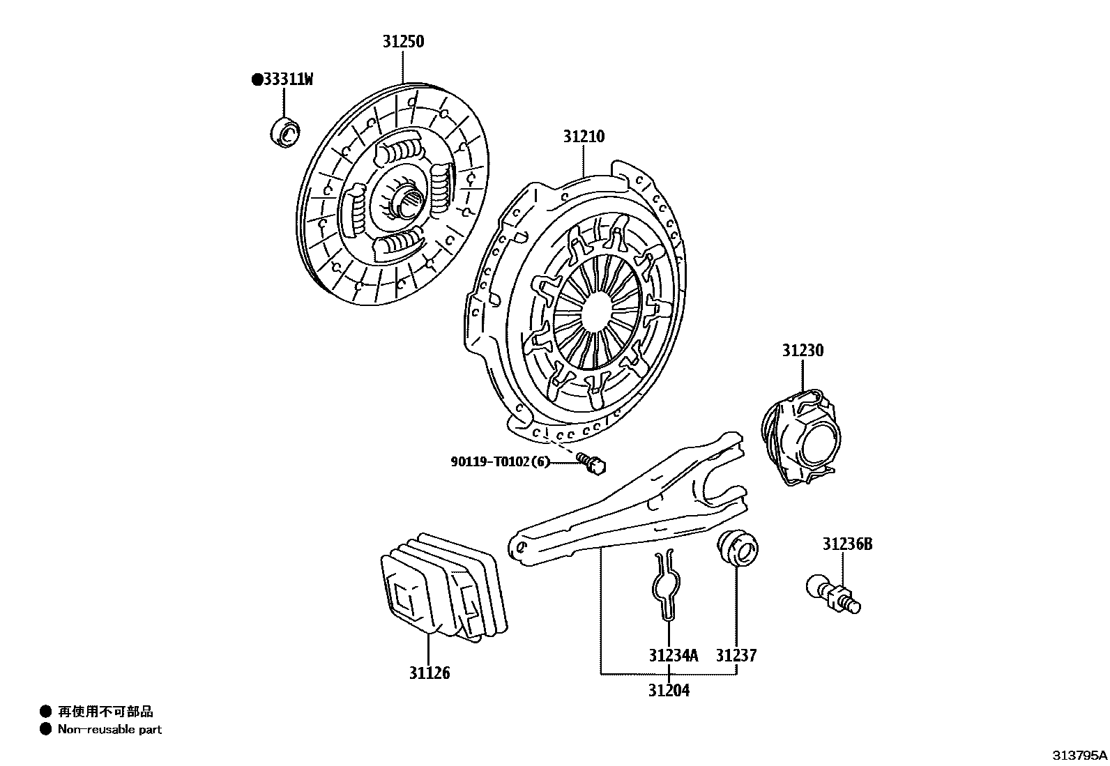 Toyota HILUX 离合器和分离叉 EPC diagram — 313795A