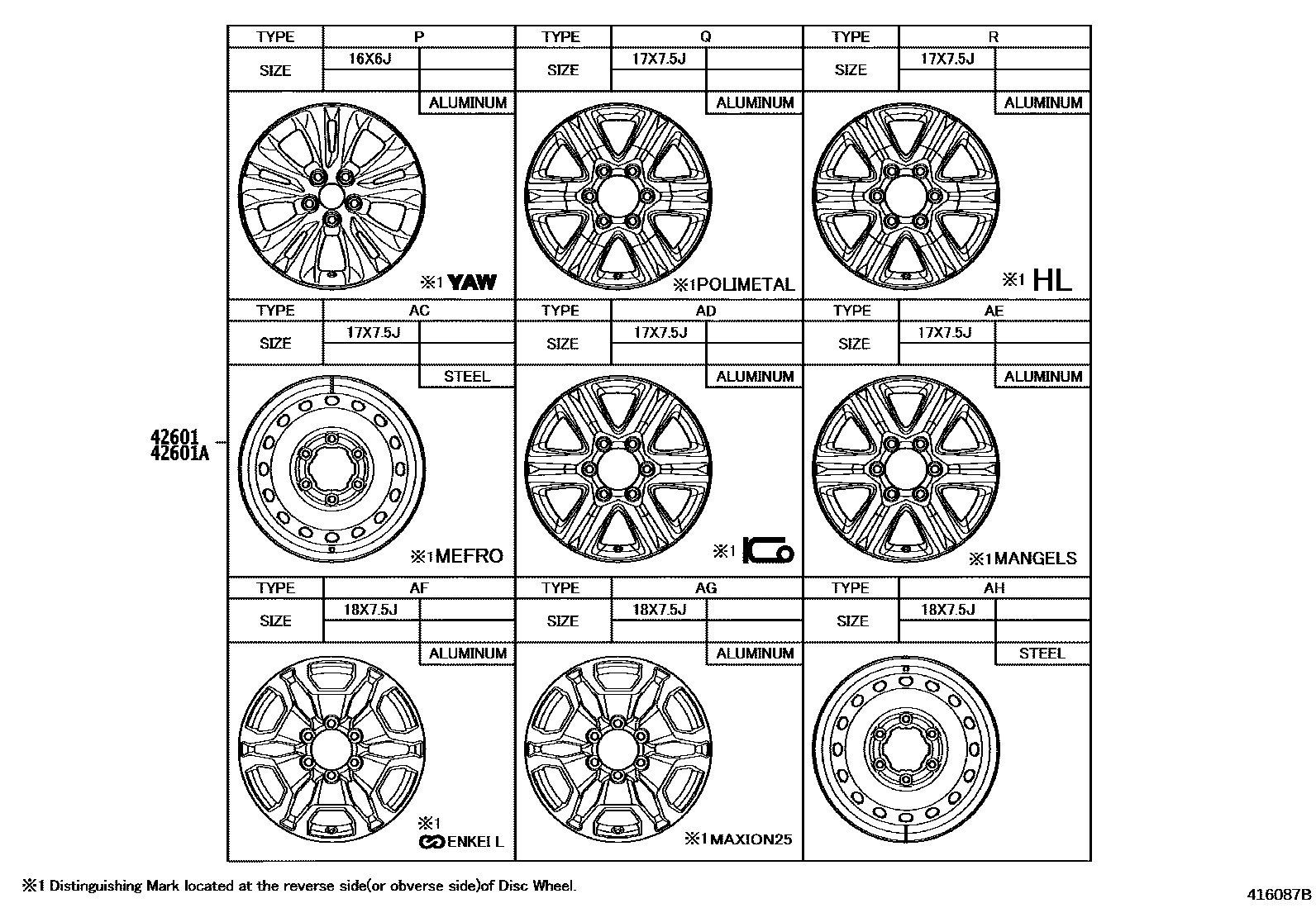Toyota HILUX 车轮和车轮盖 EPC diagram — 416087B