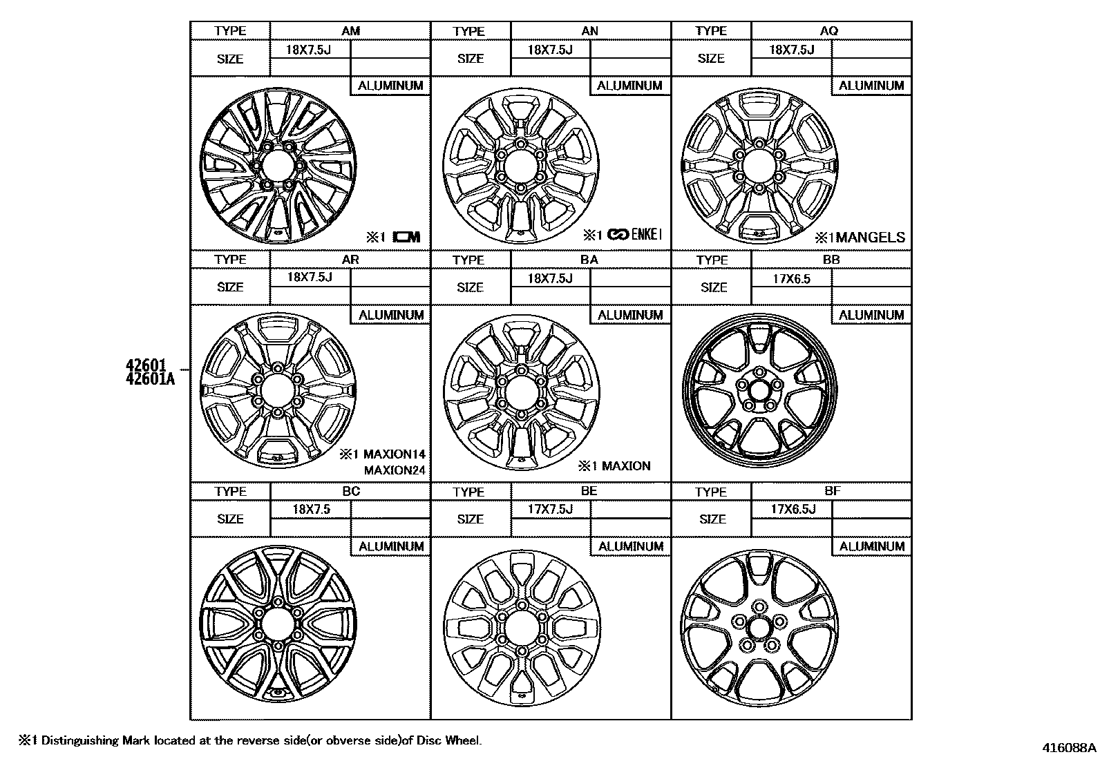 Toyota HILUX 车轮和车轮盖 EPC diagram — 416088A