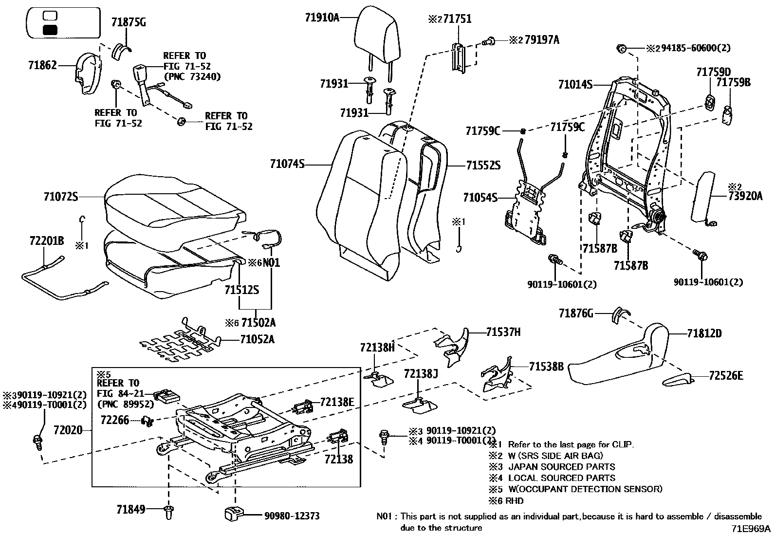 Toyota HILUX 座椅和座椅滑轨 EPC diagram — 71E969A