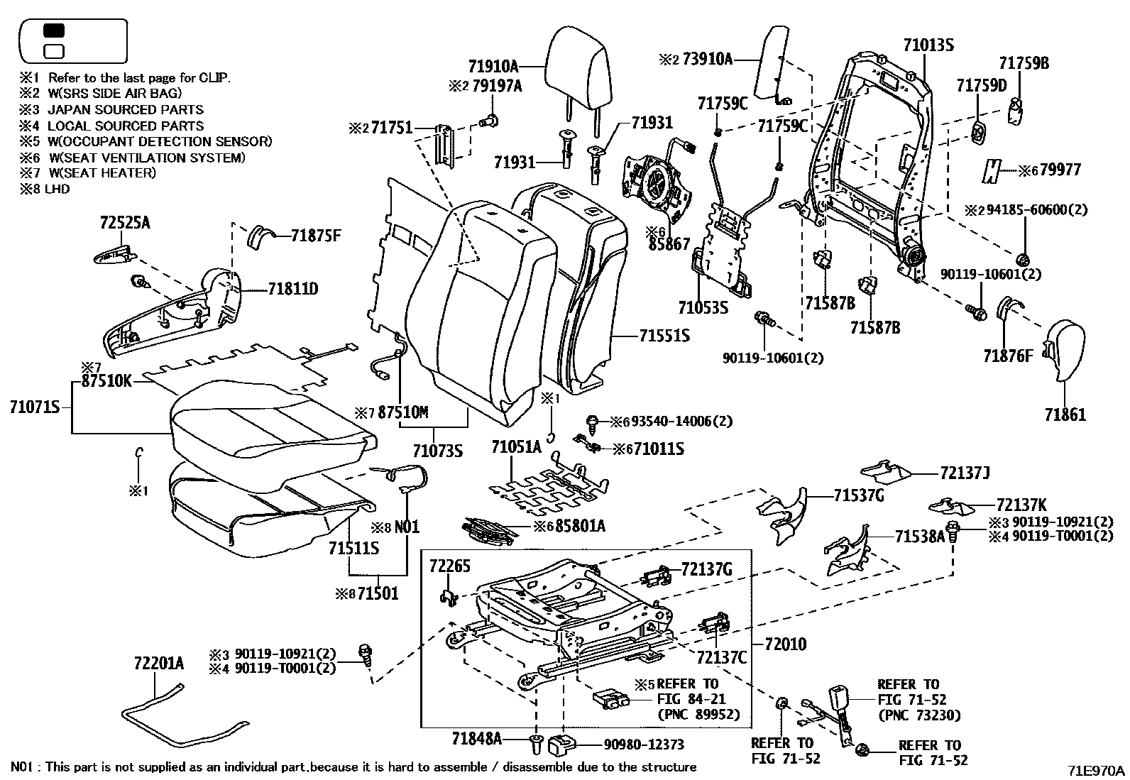 Toyota HILUX 座椅和座椅滑轨 EPC diagram — 71E970A