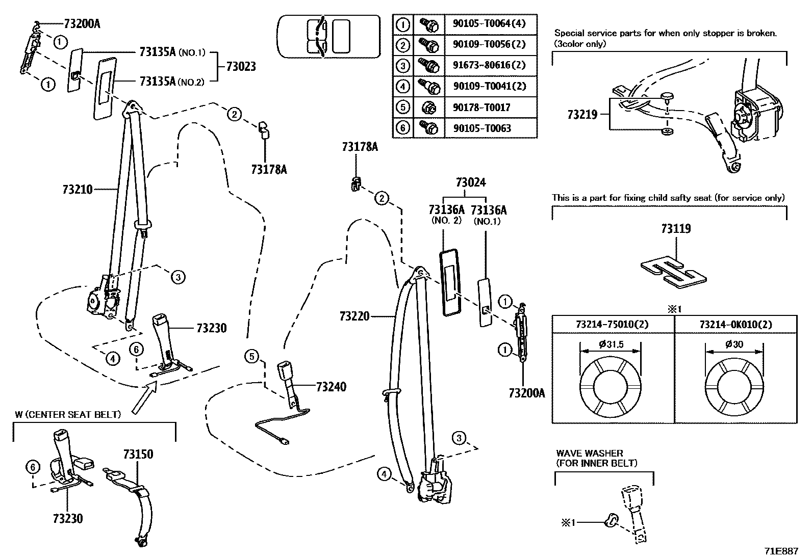 Toyota HILUX seat belt EPC diagram — 71E887