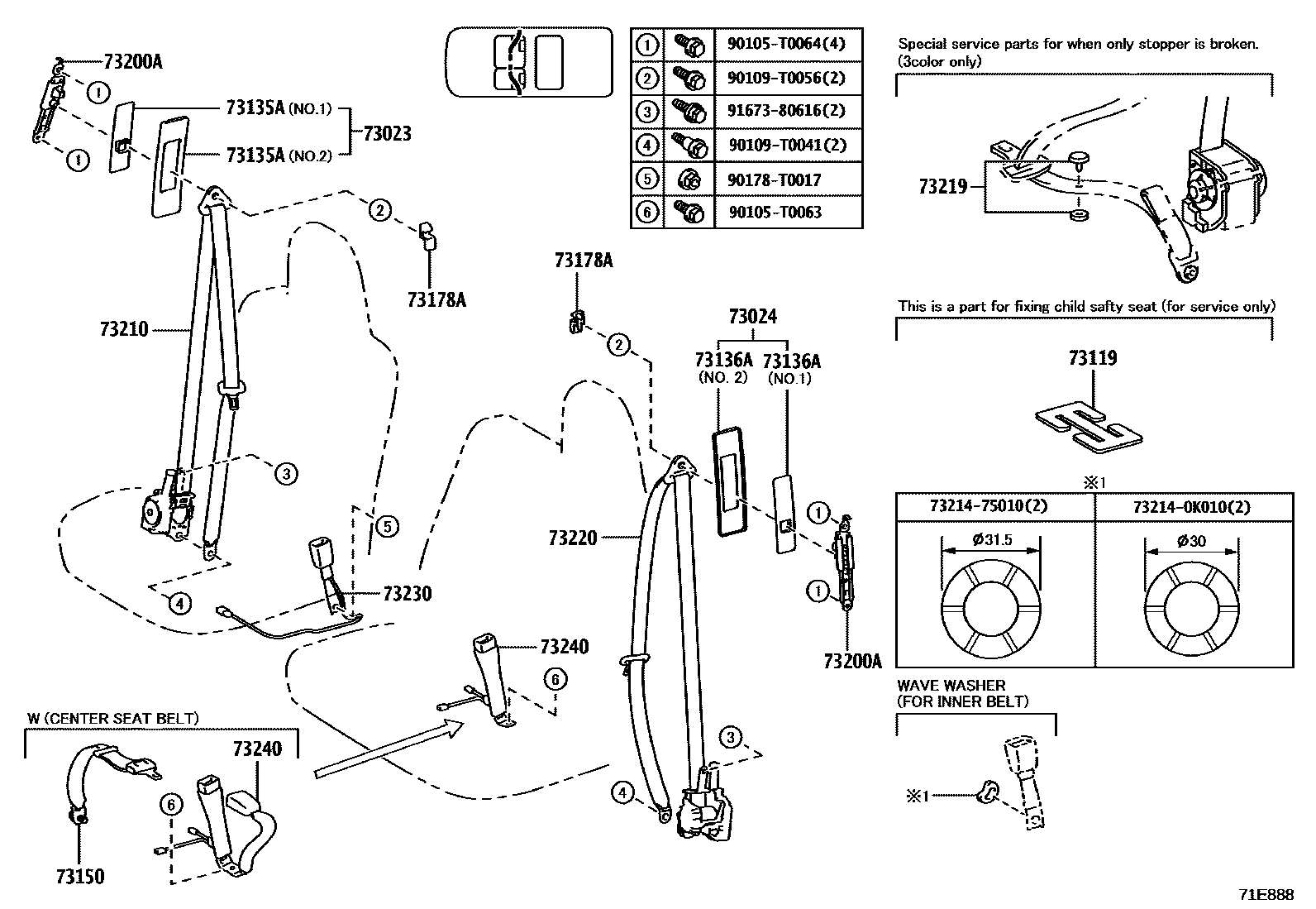 Toyota HILUX seat belt EPC diagram — 71E888