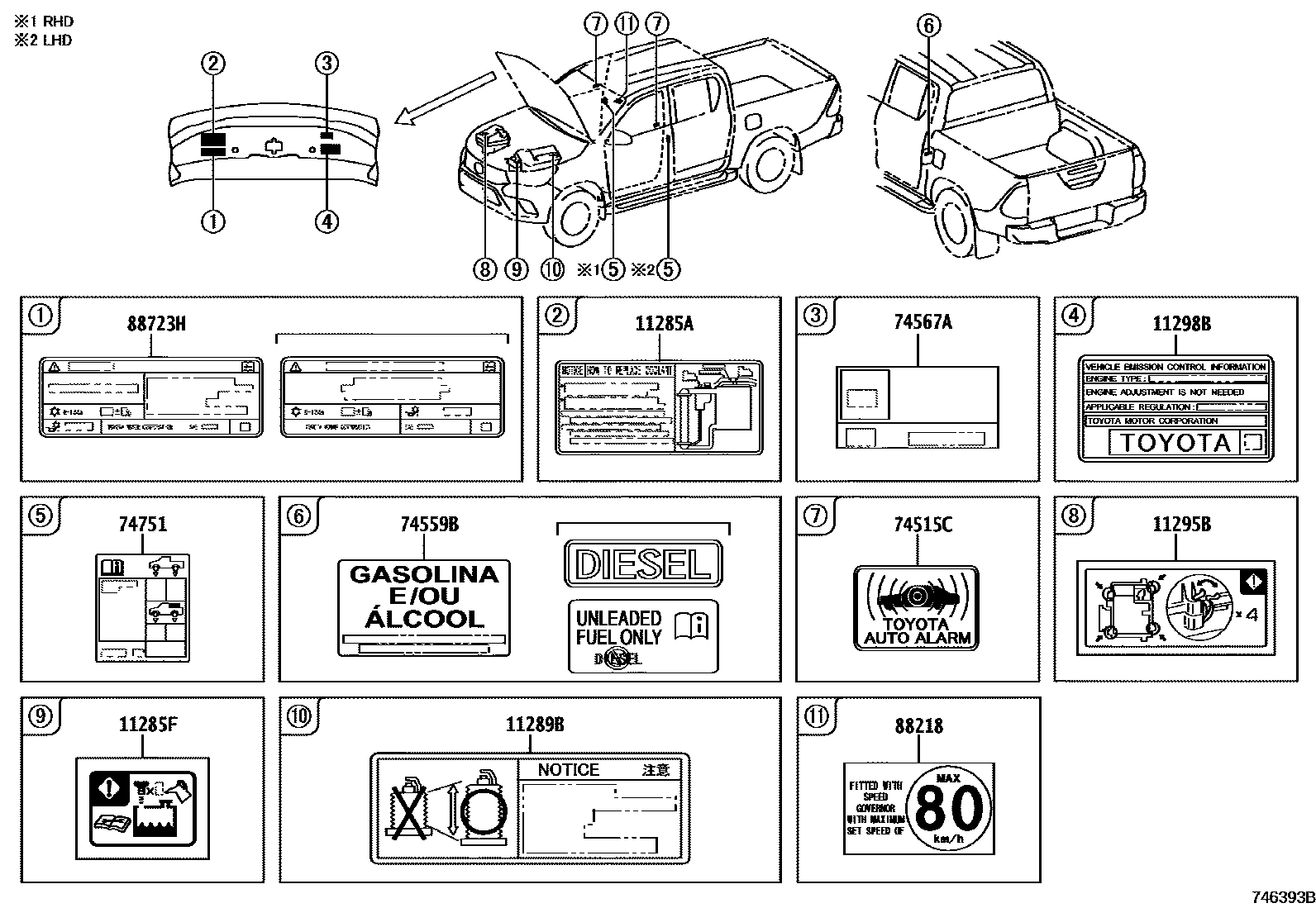 Toyota HILUX warning nameplate EPC diagram — 746393B