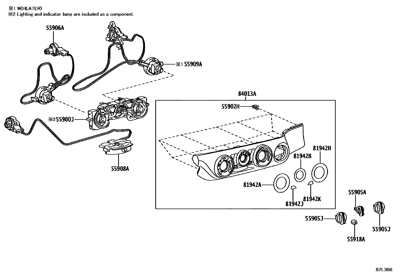 Toyota HILUX 暖风和空调系统 - 控制器和风管 EPC diagram — 87L366