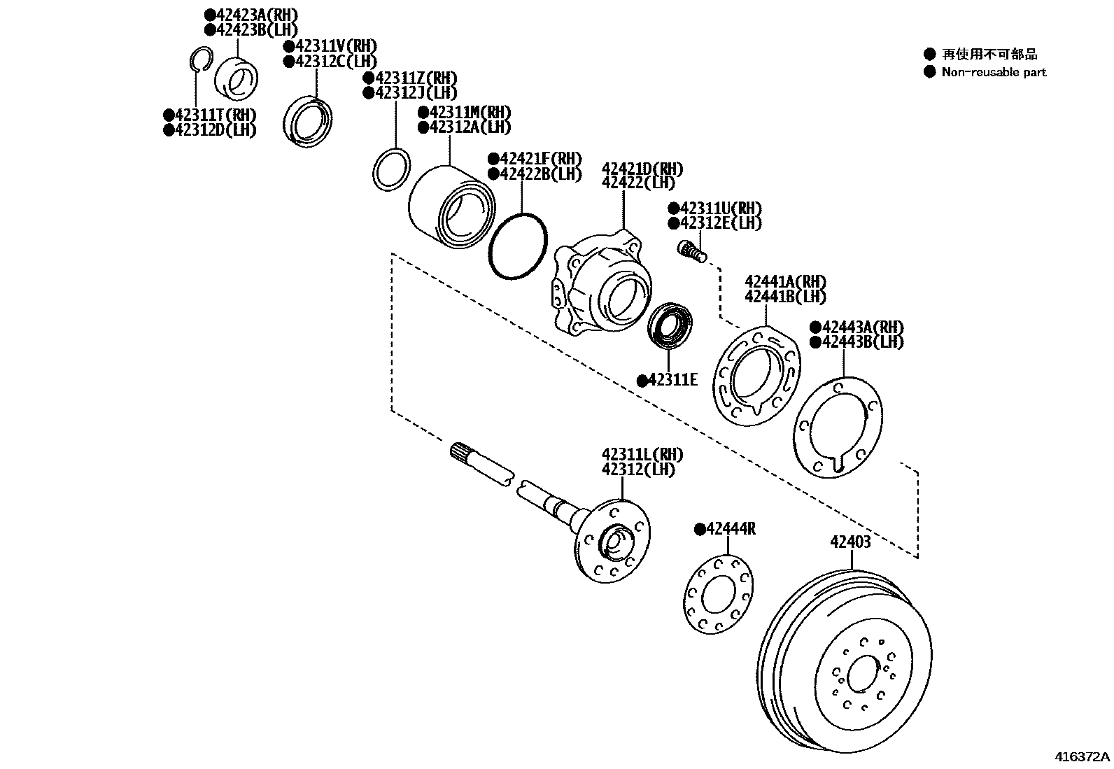 Toyota HILUX 后桥半轴和后桥轮毂 EPC diagram — 416372A