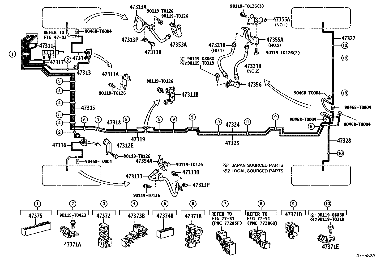 Toyota HILUX 制动配管和卡箍 EPC diagram — 47E582A