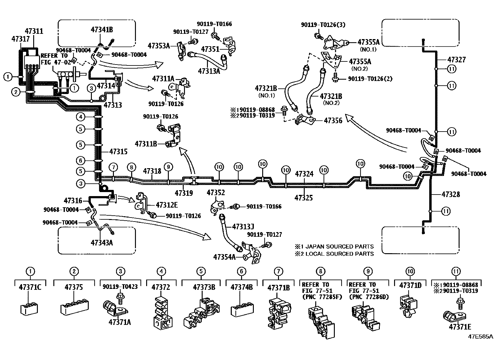 Toyota HILUX 制动配管和卡箍 EPC diagram — 47E585A