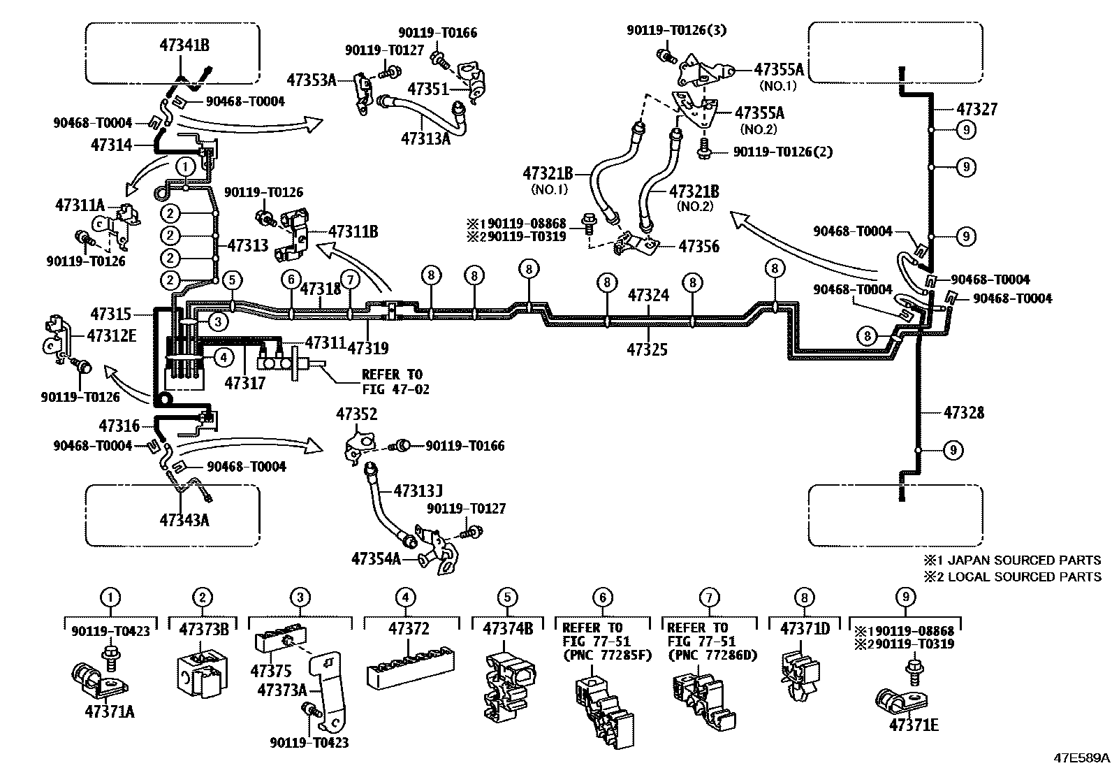Toyota HILUX 制动配管和卡箍 EPC diagram — 47E589A