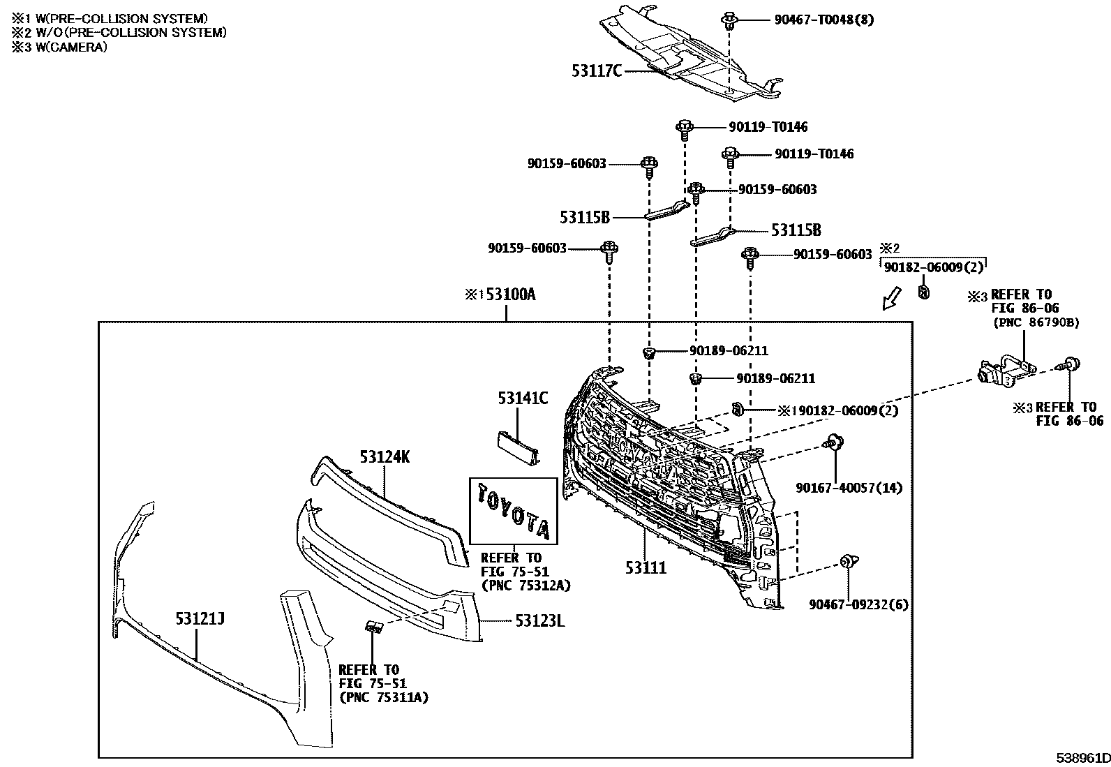 Toyota HILUX radiator grille EPC diagram — 538961D