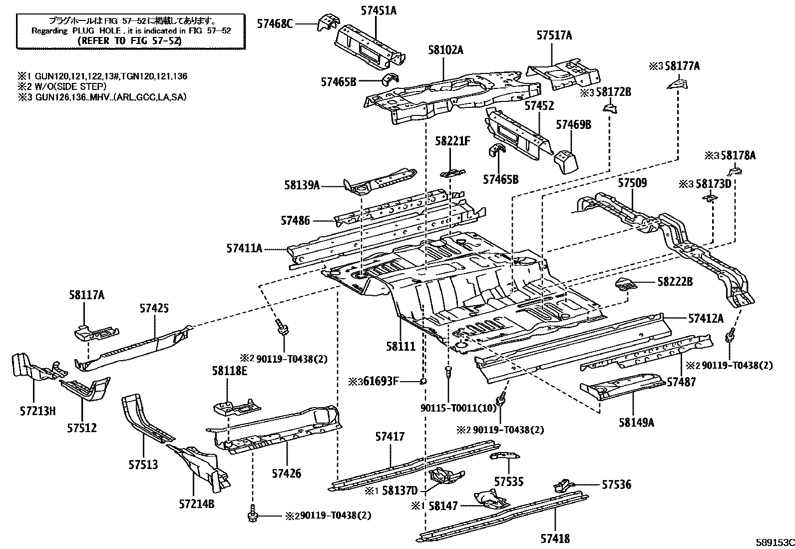 Toyota HILUX 前地板和前地板梁 EPC diagram — 589153D