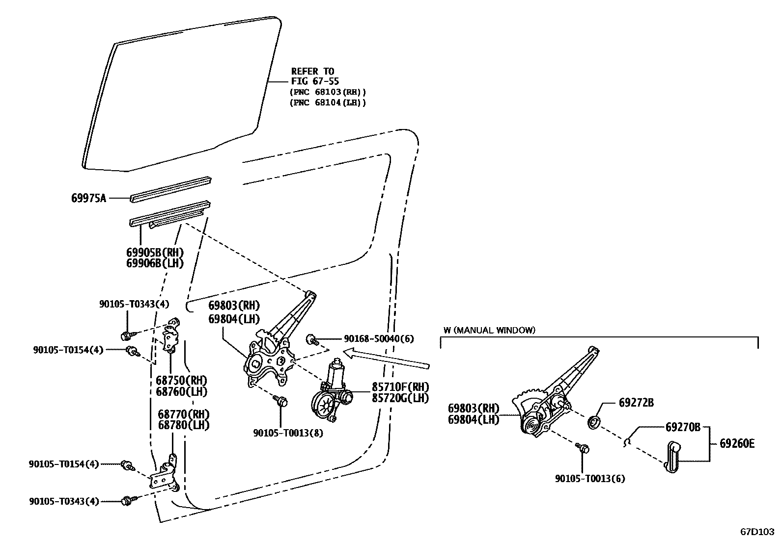 Toyota HILUX 后门车窗升降器和合页 EPC diagram — 67D103