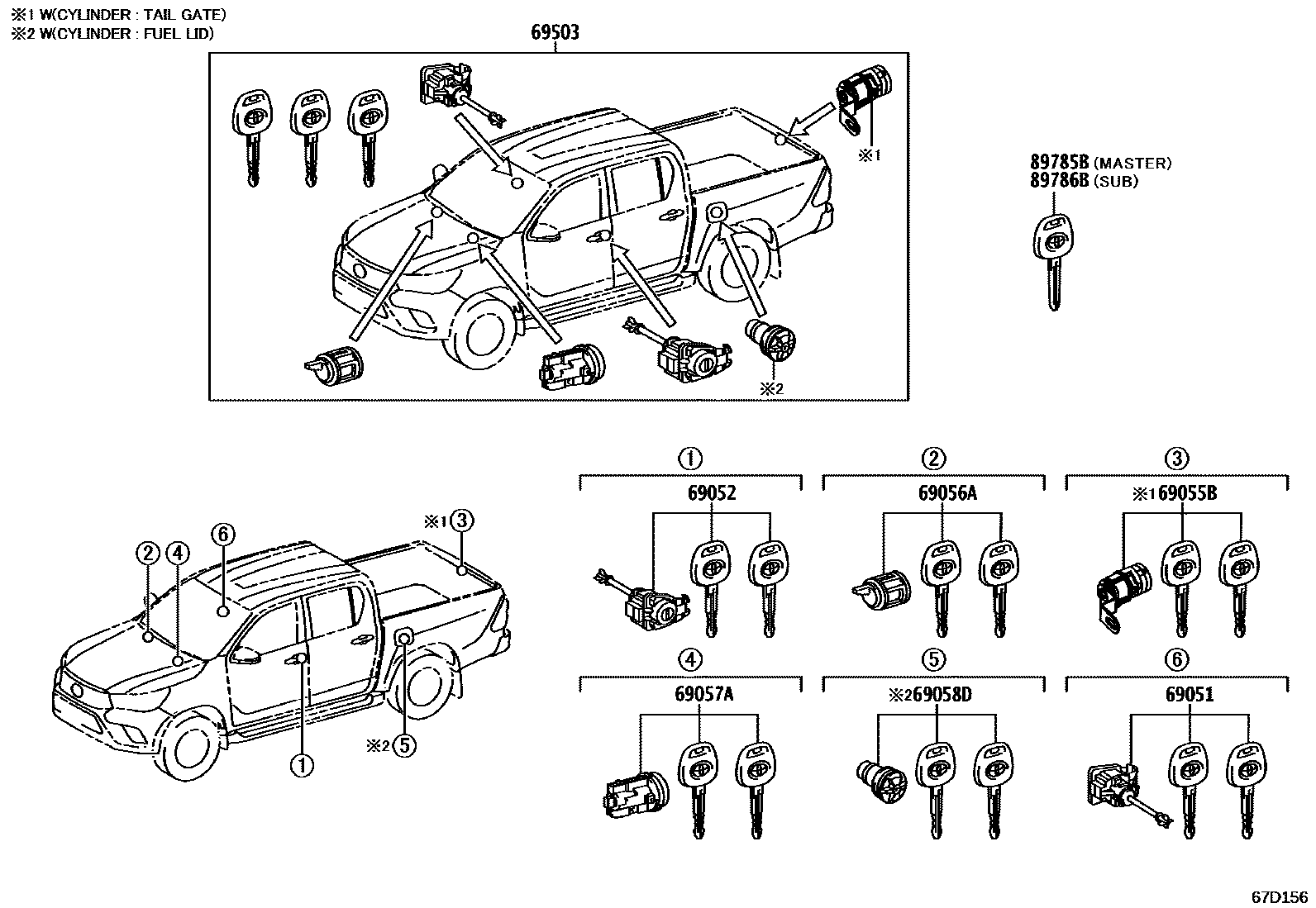 Toyota HILUX 锁芯组件 EPC diagram — 67D156
