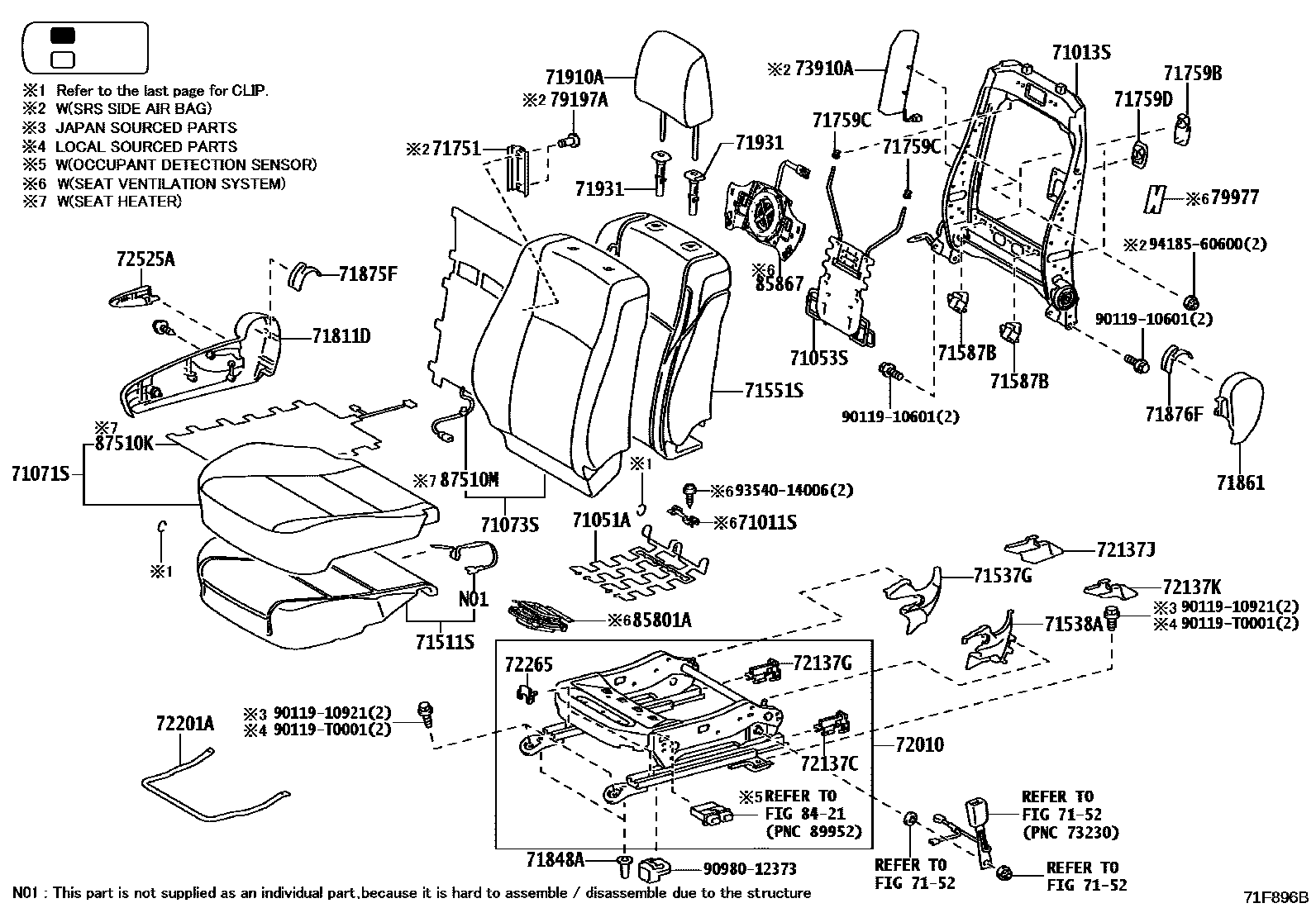 Toyota HILUX 座椅和座椅滑轨 EPC diagram — 71F896B