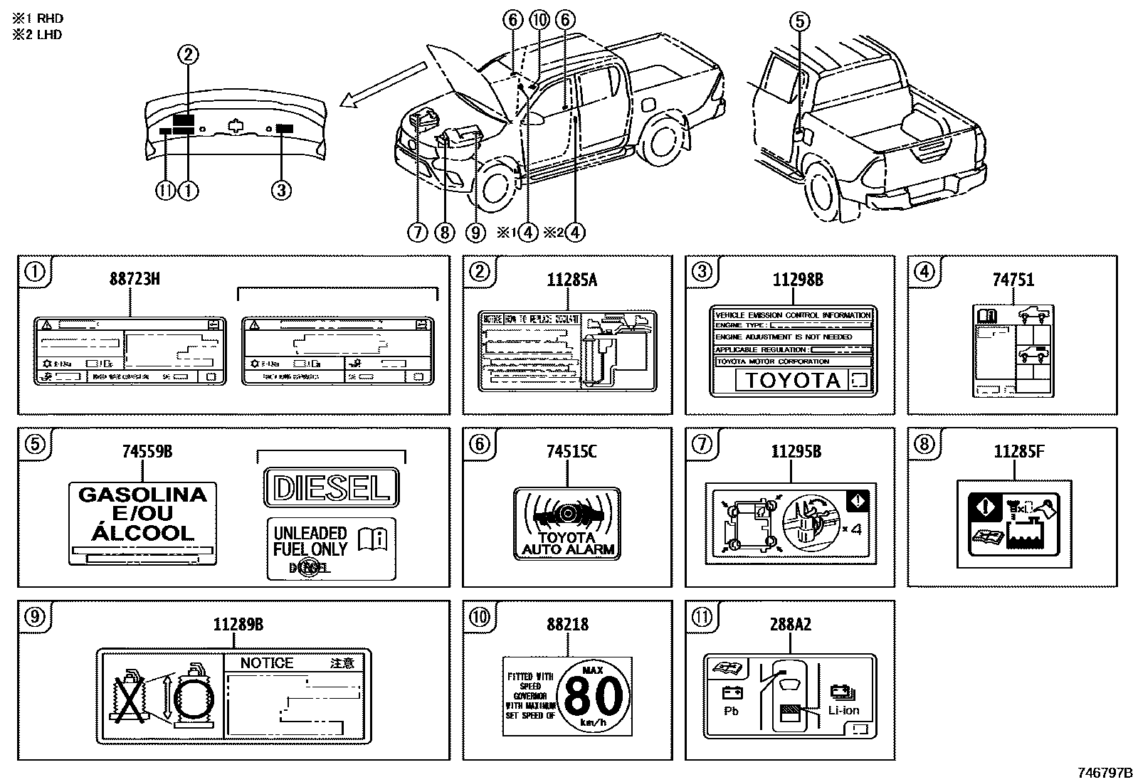 Toyota HILUX warning nameplate EPC diagram — 746797B