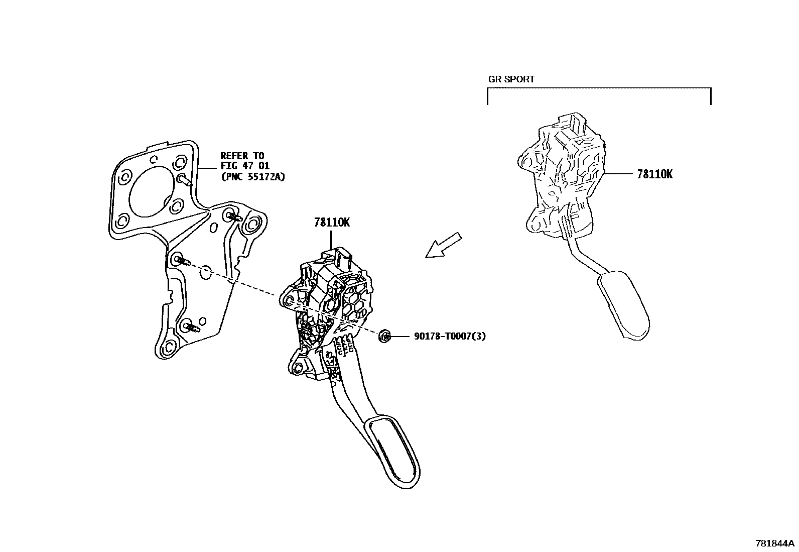 Toyota HILUX accelerator pedal connecting rod EPC diagram — 781844A