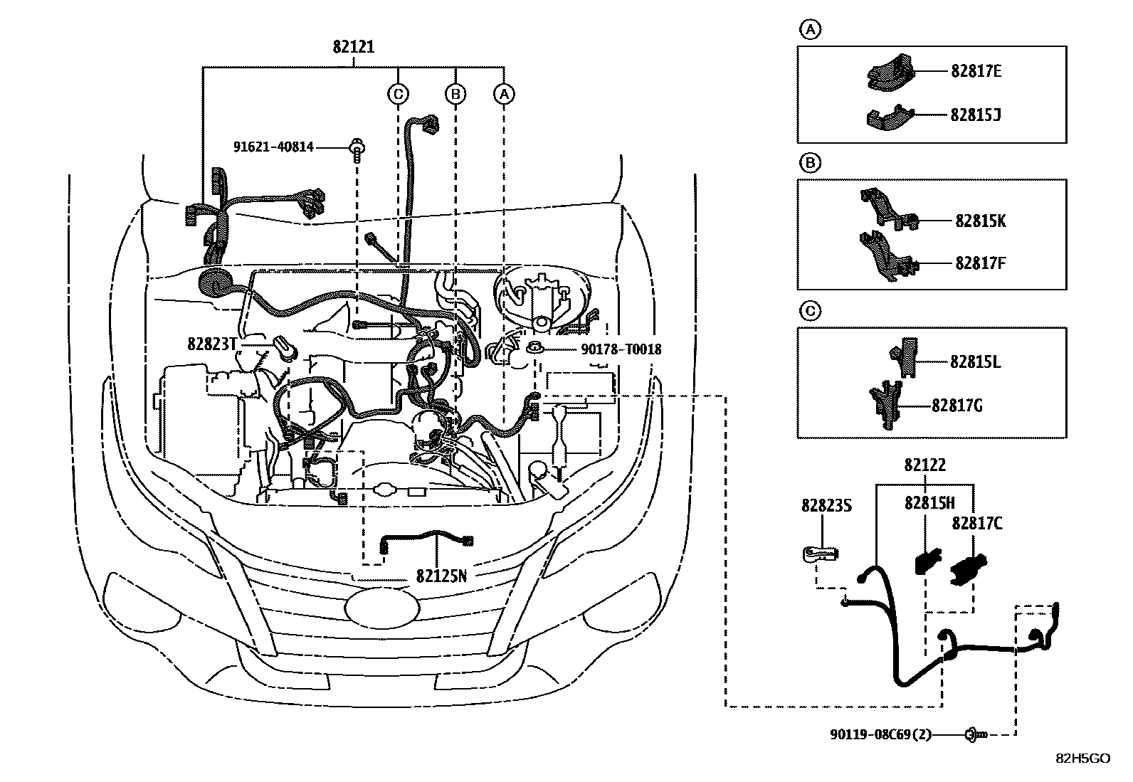 Toyota HILUX 线束和卡夹 EPC diagram — 82H5GO