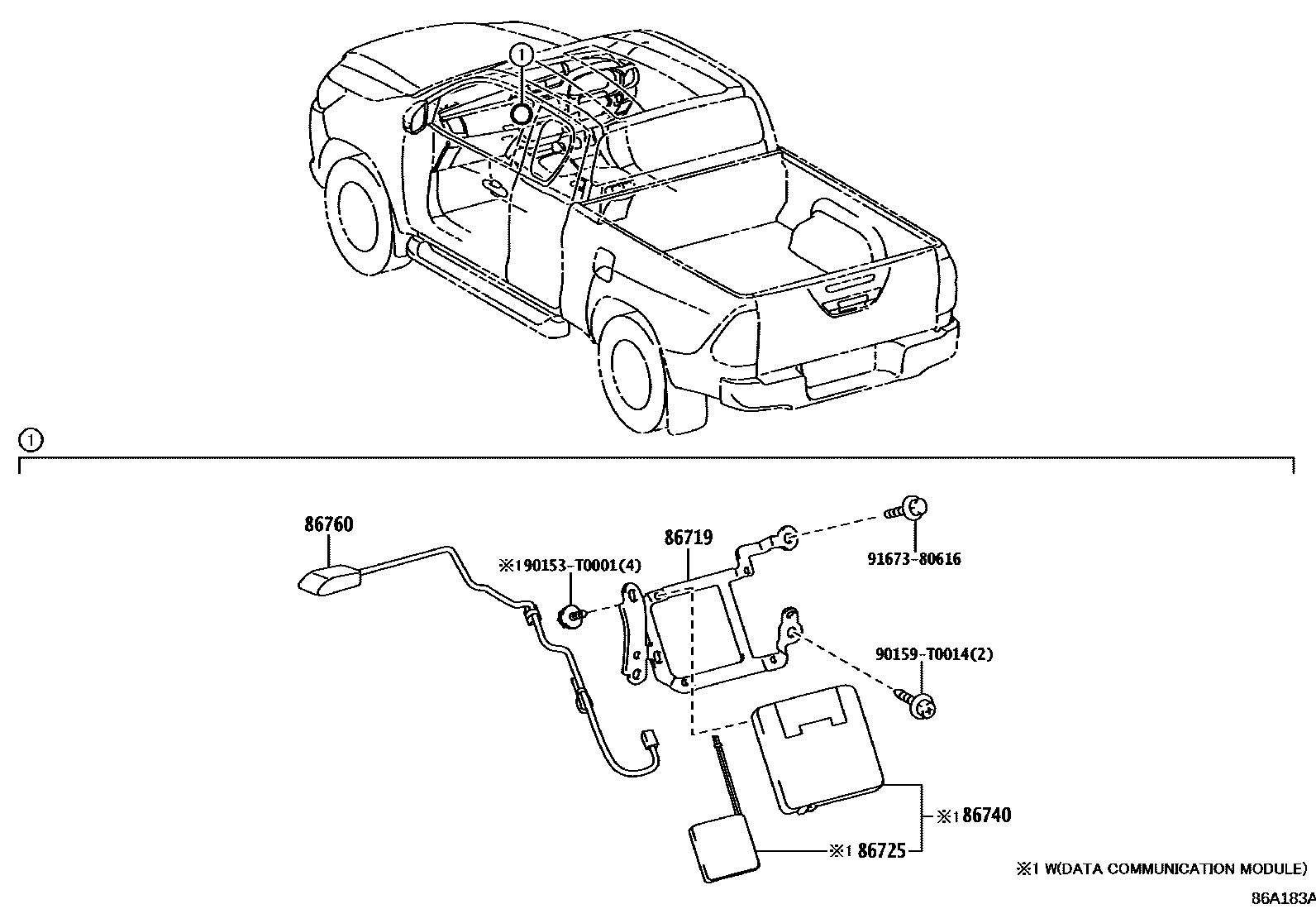 Toyota HILUX 车载电话和呼救装置 EPC diagram — 86A183A