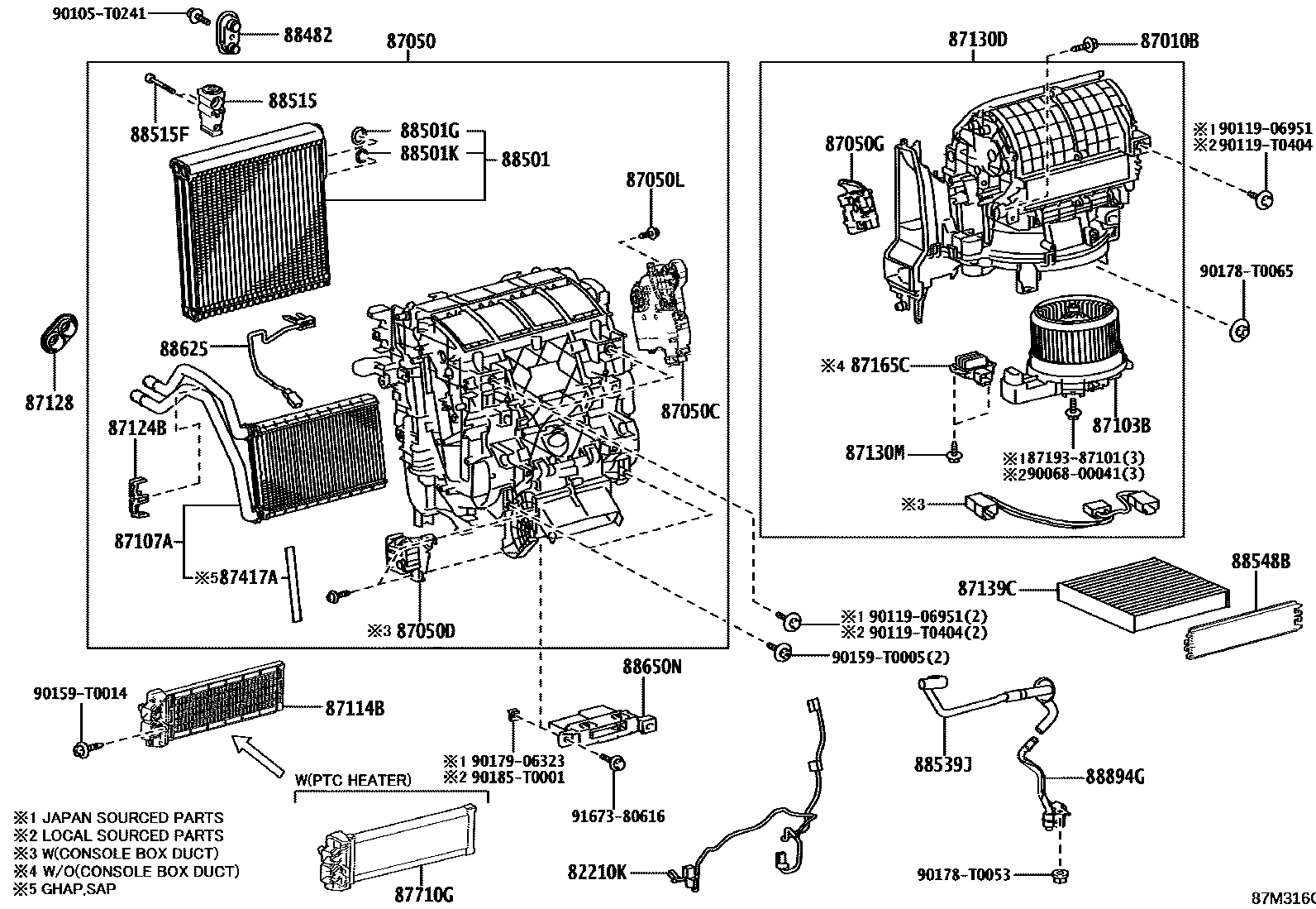 Toyota HILUX 暖风和空调系统 - 冷却器组件 EPC diagram — 87M316C